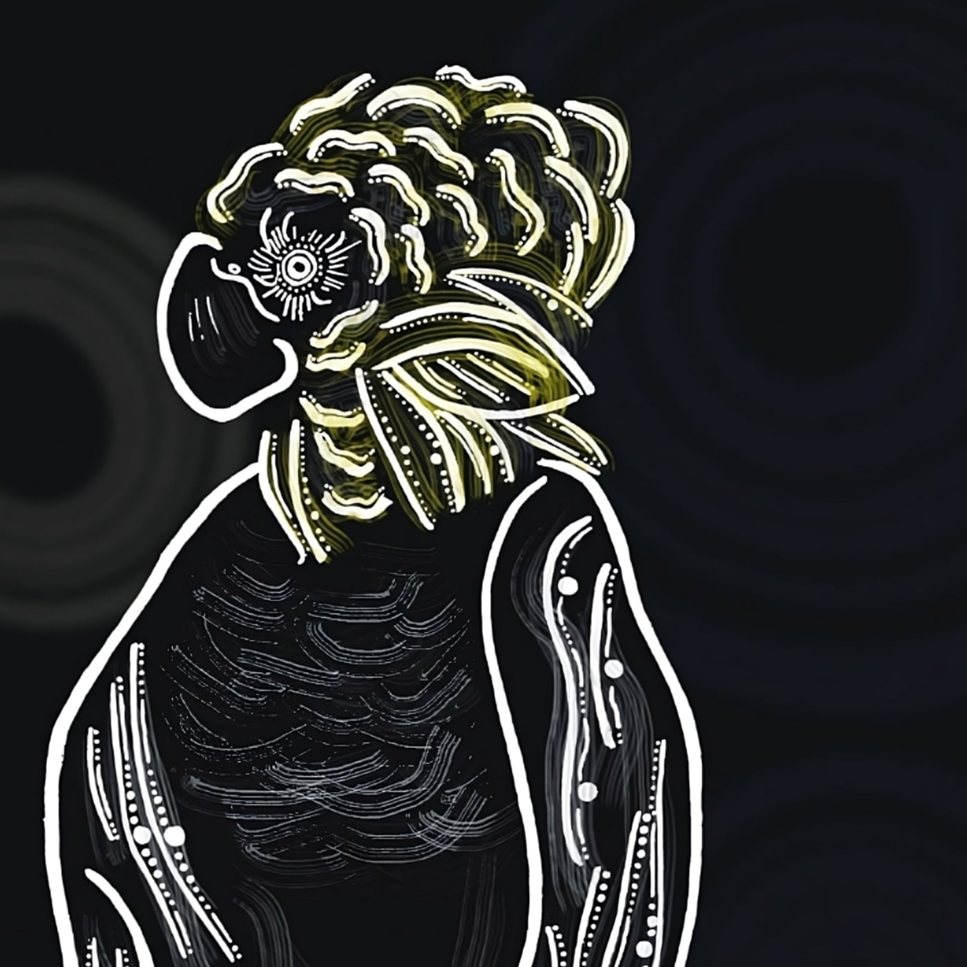 Indigenous art depicting the glossy black cockatoo on a sheoak tree by Gumbaynggirr, Bundjalung and Kalkadoon artist Fileisha Laurie