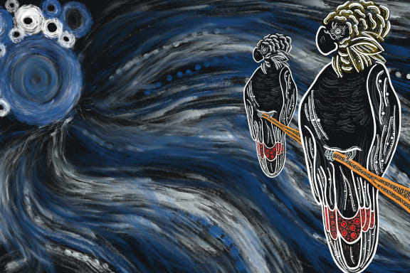Indigenous art depicting the glossy black cockatoo on Sky Country by Gumbaynggirr, Bundjalung and Kalkadoon artist Fileisha Laurie