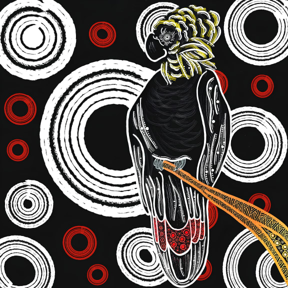Indigenous art depicting the glossy black cockatoo by Gumbaynggirr, Bundjalung and Kalkadoon artist Fileisha Laurie